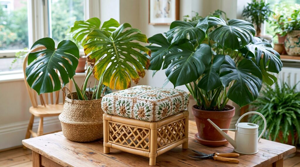 Monstera deliciosa z żółknącym liściem - najczęstsze błędy w pielęgnacji
