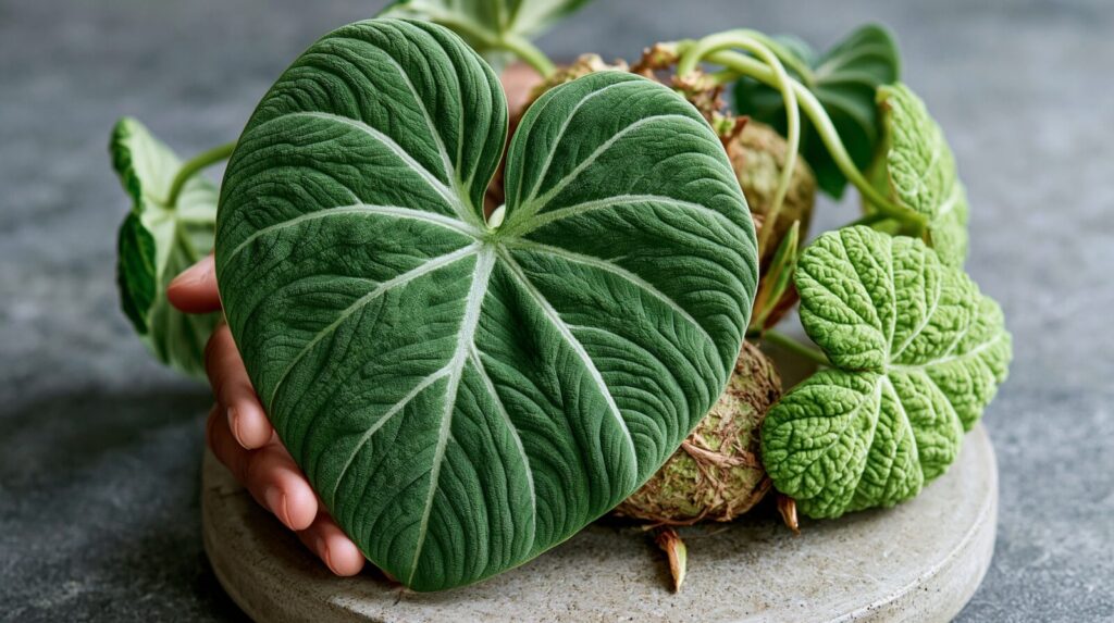Filodendron Gloriosum - aksamitny ciemnozielony liść z jasnymi żyłkami
