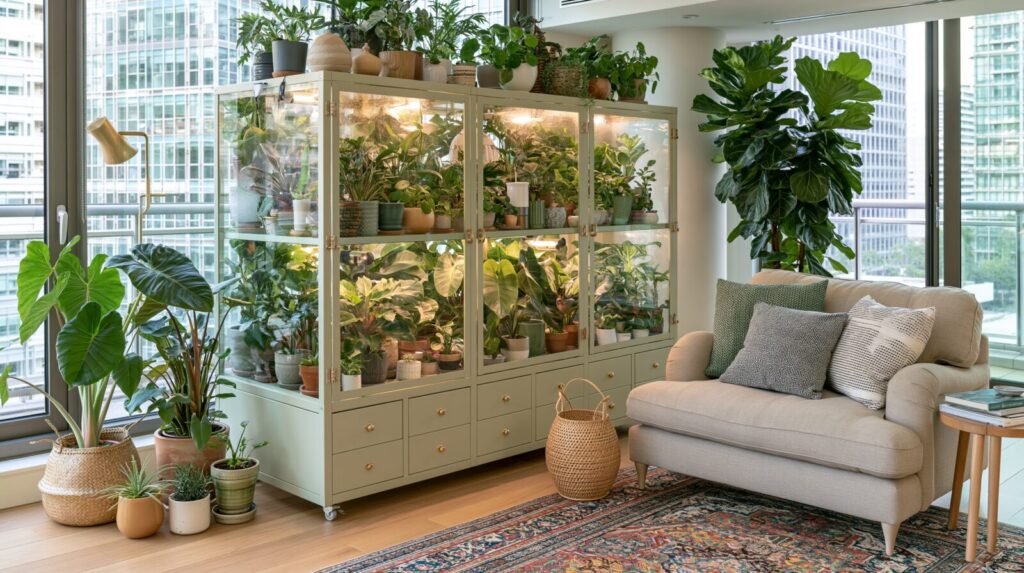 Szklana szafka growbox z roślinami tropikalnymi - wilgotność powietrza